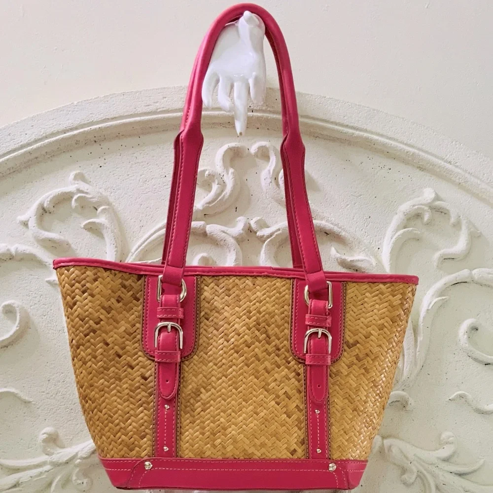 VINTAGE Etienne Aigner Rattan Straw Shoulder Bag Magenta Trim Tote - Picture 12 of 12